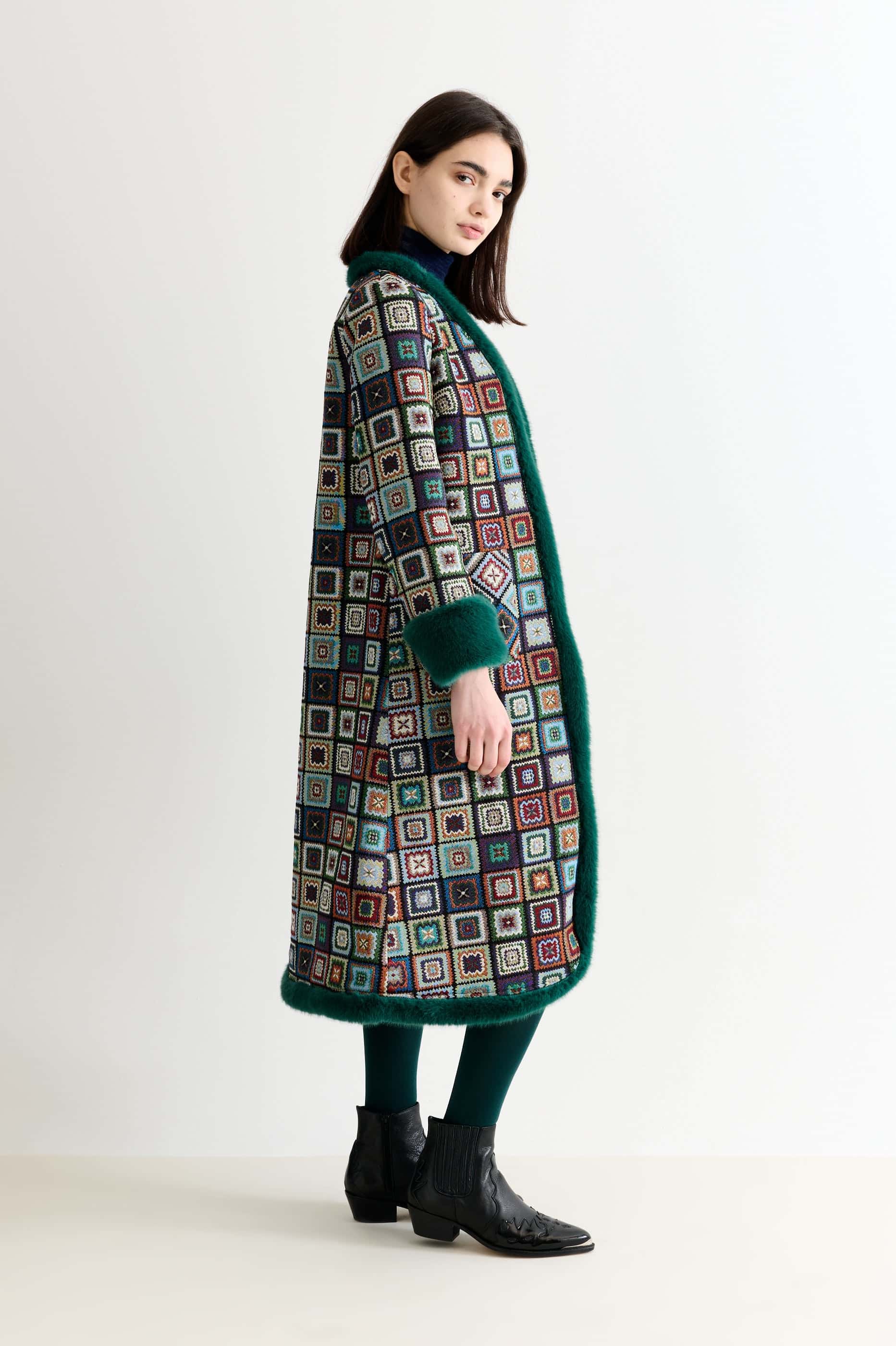 Delphia Seventies Patch Jacquard Fur Trim Coat – Multicolored