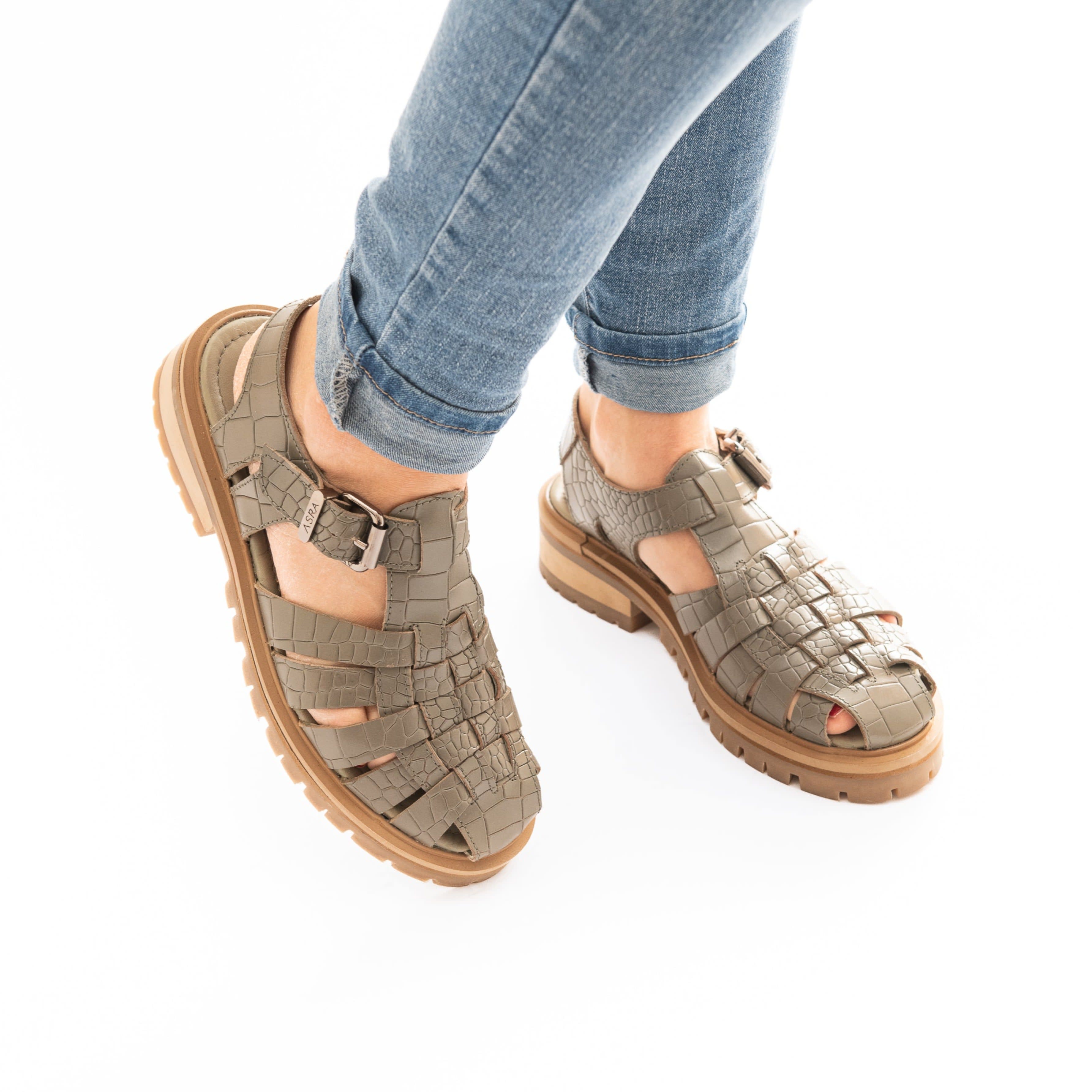 Samo Sage Croc Leather Gladiator Sandal ASRA Wolf Badger