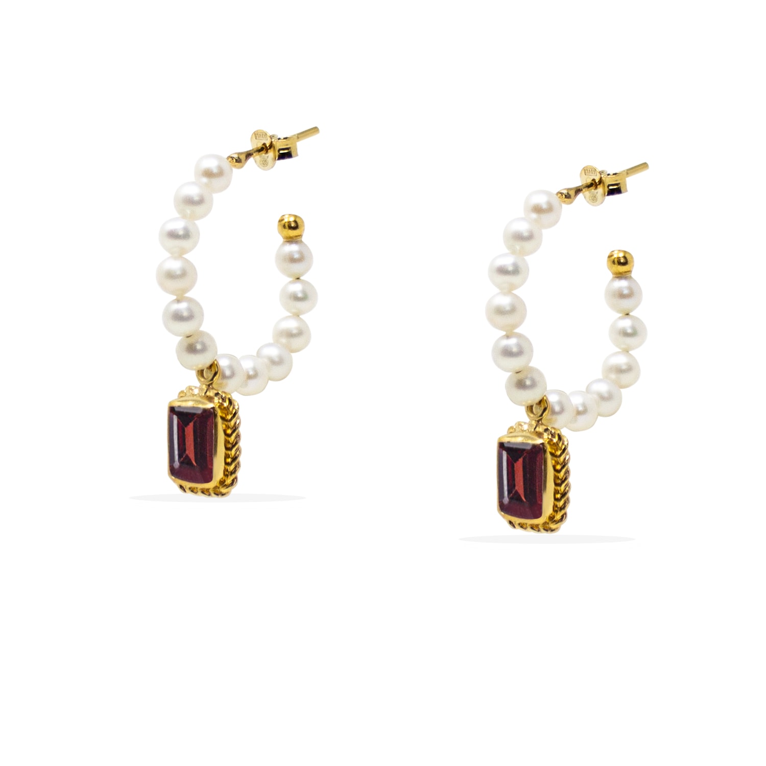 Women’s White / Red / Gold Luccichio Garnet And Pearl Hoop Earrings Vintouch Italy