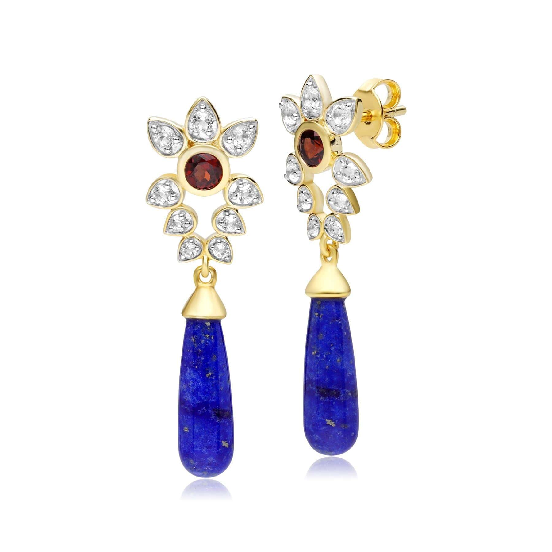 Women’s Blue Lapis Lazuli, White Topaz & Garnet Floral Dangle Drop Earrings In Gold Plated Sterling Silver Gemondo
