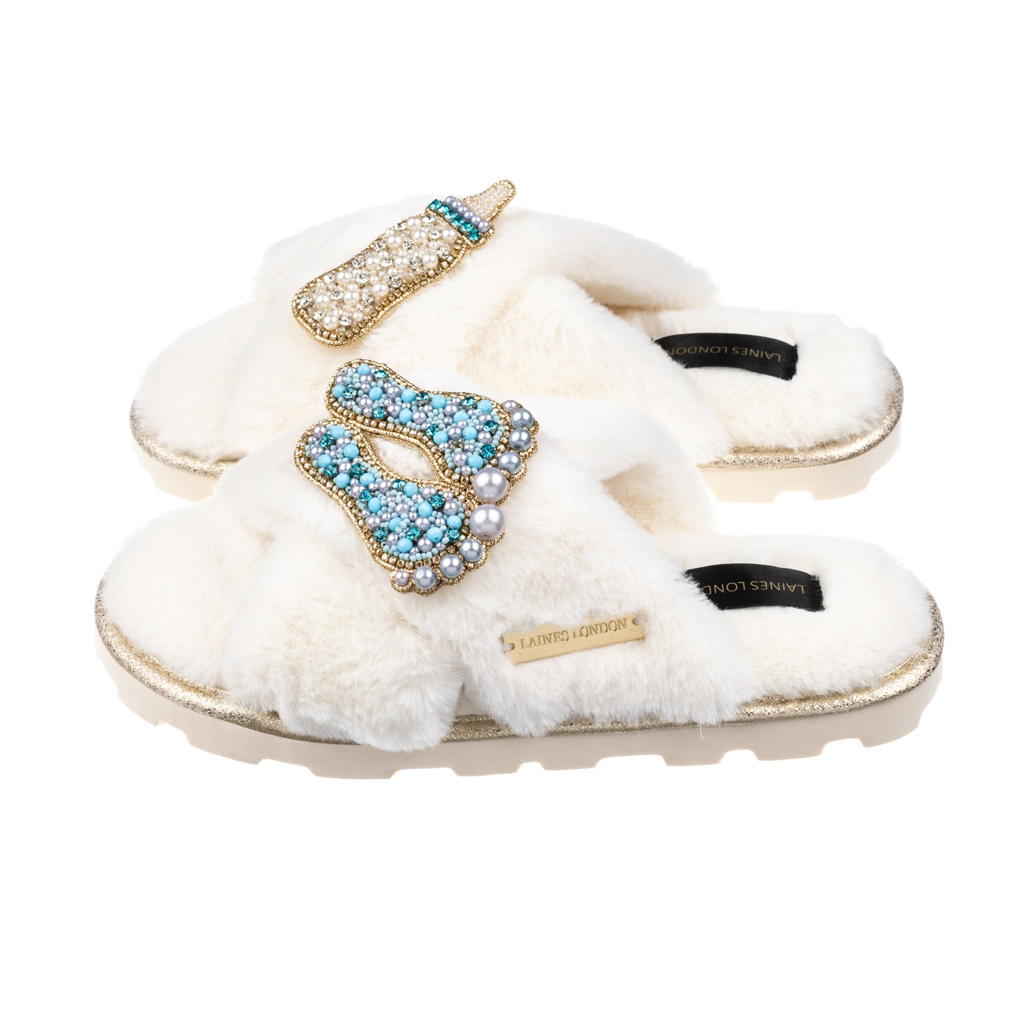 Women’s White Ultralight Chic Laines Slipper Sliders With New Baby Boy Brooches - Cream Large Laines London