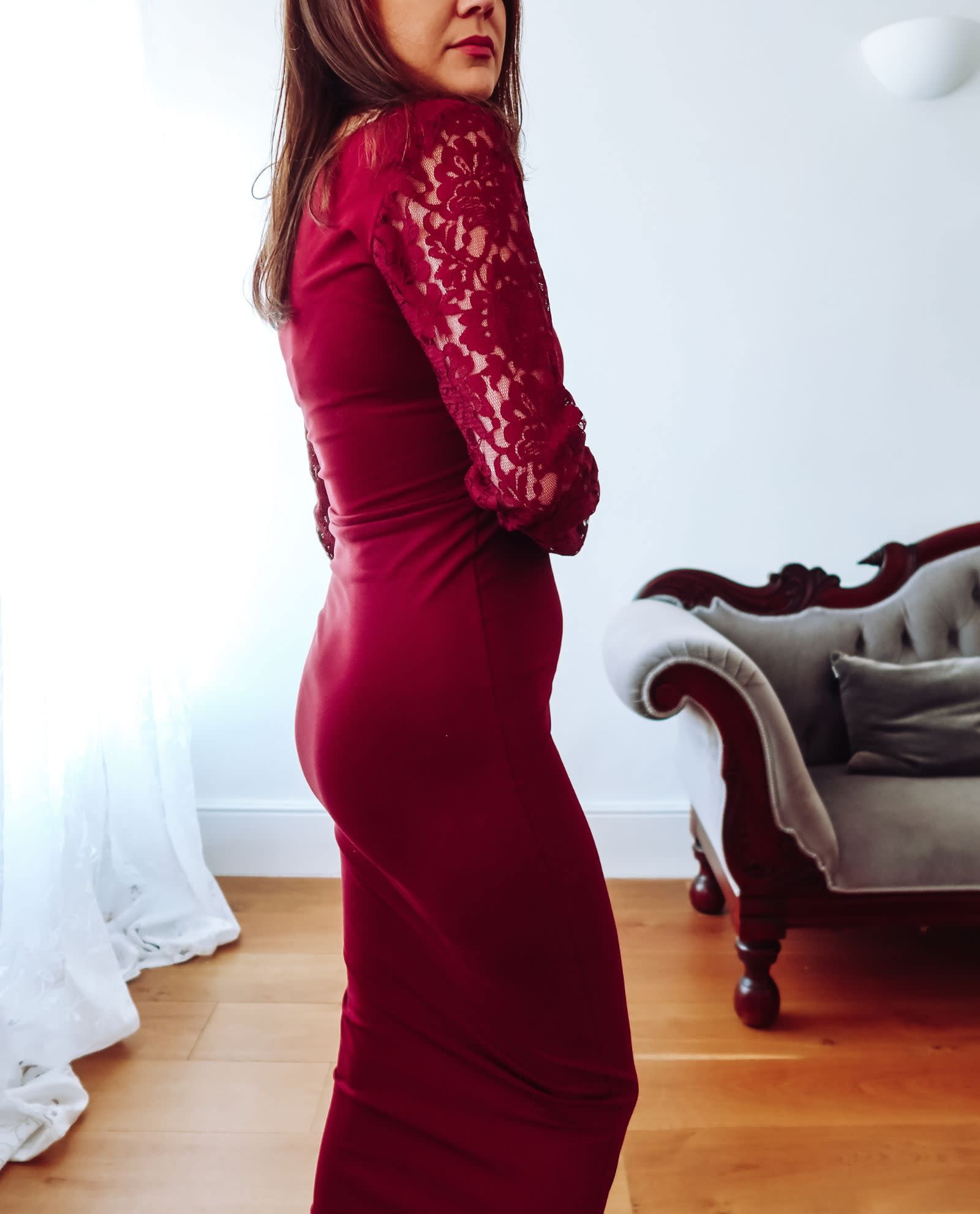 burgundy jersey dress Lace Sleeve Midi | Sophie Cameron Davies 1.11.24