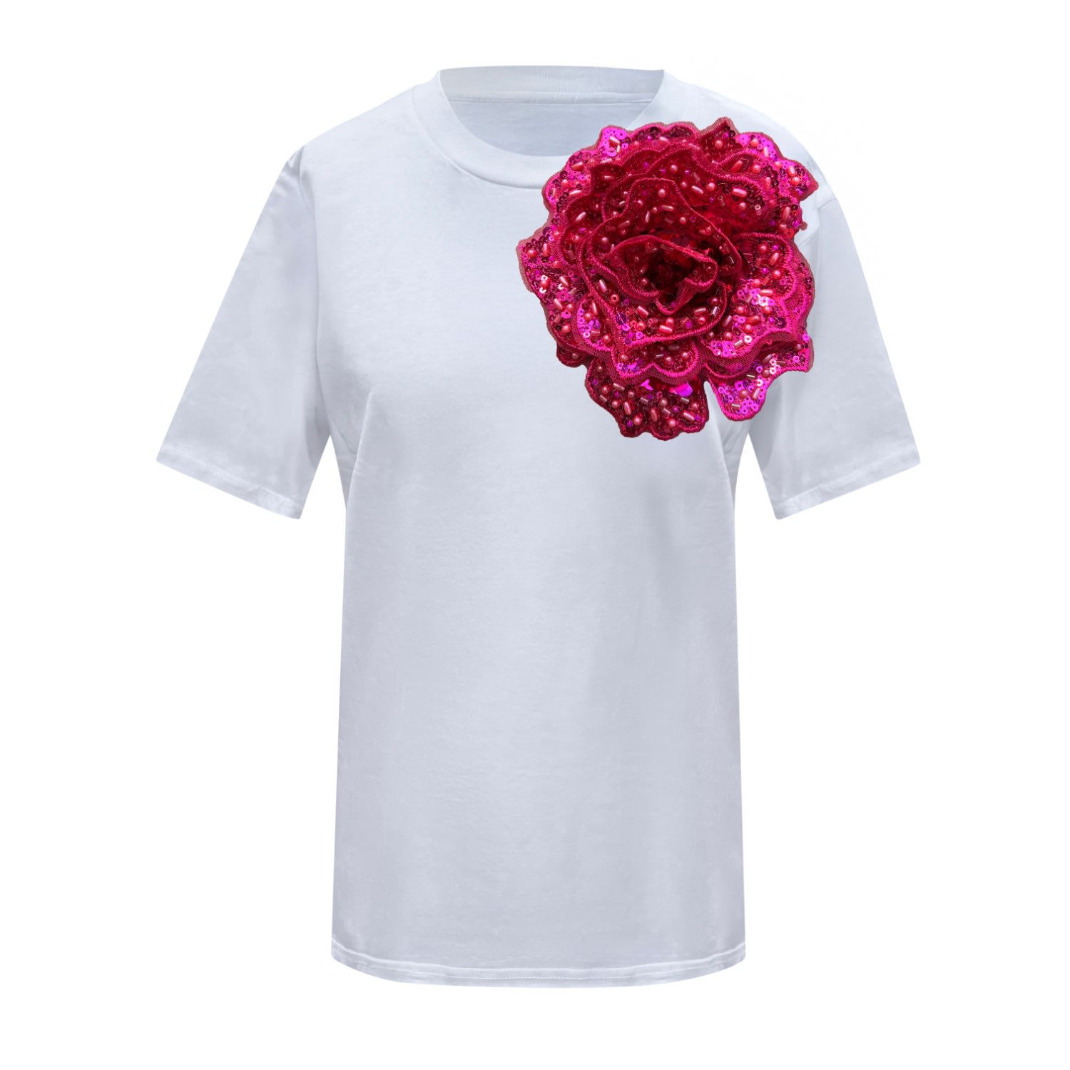 Toma Women's Pink / White Flower Summer White Cotton T-shirt With Hot Pink Side Sequin Rose In Multi