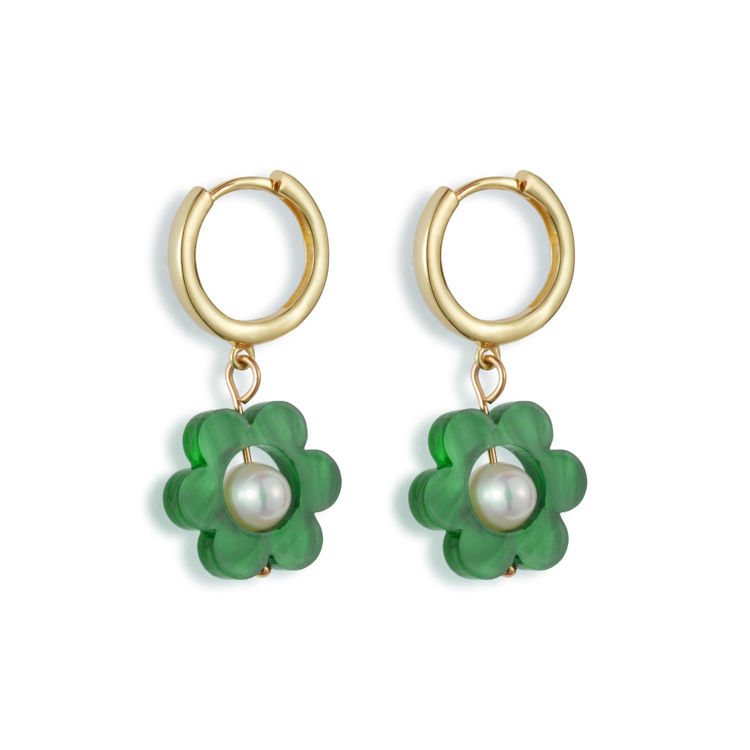 Toolally Women's Gold / Green Flower Pearl Huggie Earrings - Green In Gray