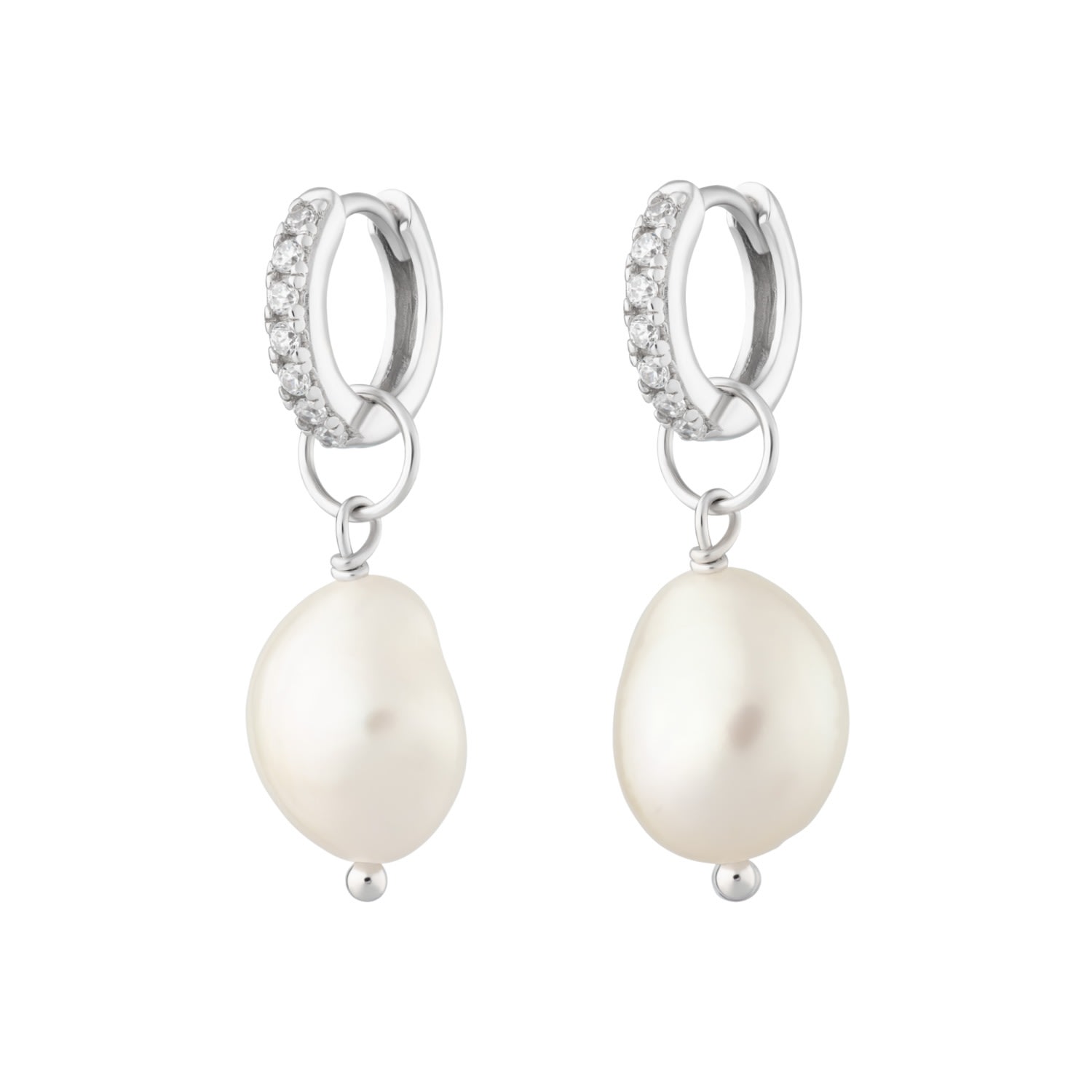 Scream Pretty Women's Silver Sparkle Huggie Earrings With Baroque Pearls In White