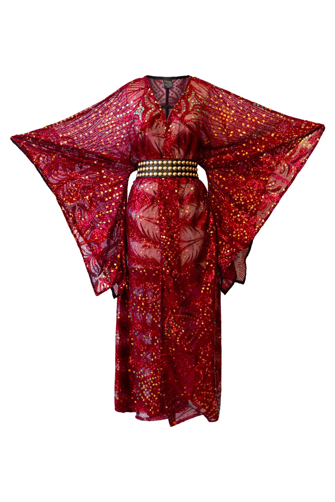 Byvinnik Women's Gold / Red Bohémienne Sequin Kimono Robe In Stardust Cabernet Runway Edition In Gold/red