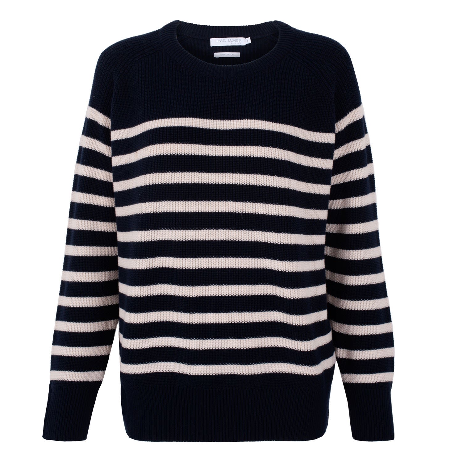 Blue Womens Cotton Ribbed Breton Tiana Jumper - Navy | Medium | Paul James Knitwear