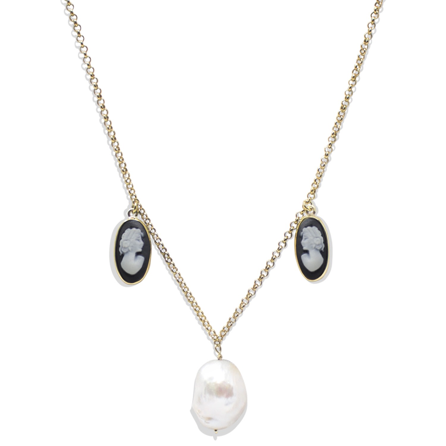 Vintouch Italy Women's Gold / Black / White Medea Gold-plated Black Cameo And Pearl Necklace In Multi