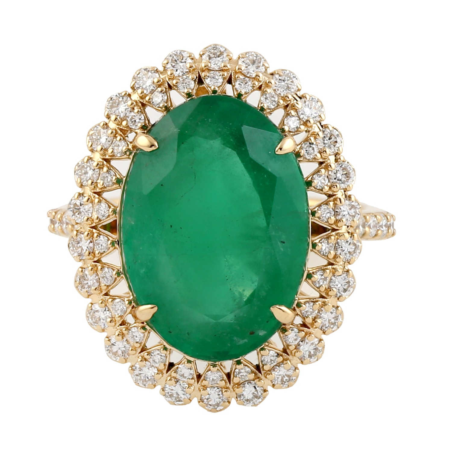 Women’s Green / White Green Emerald Natural Pave Diamond Cocktail Rings 18K Yellow Gold Artisan