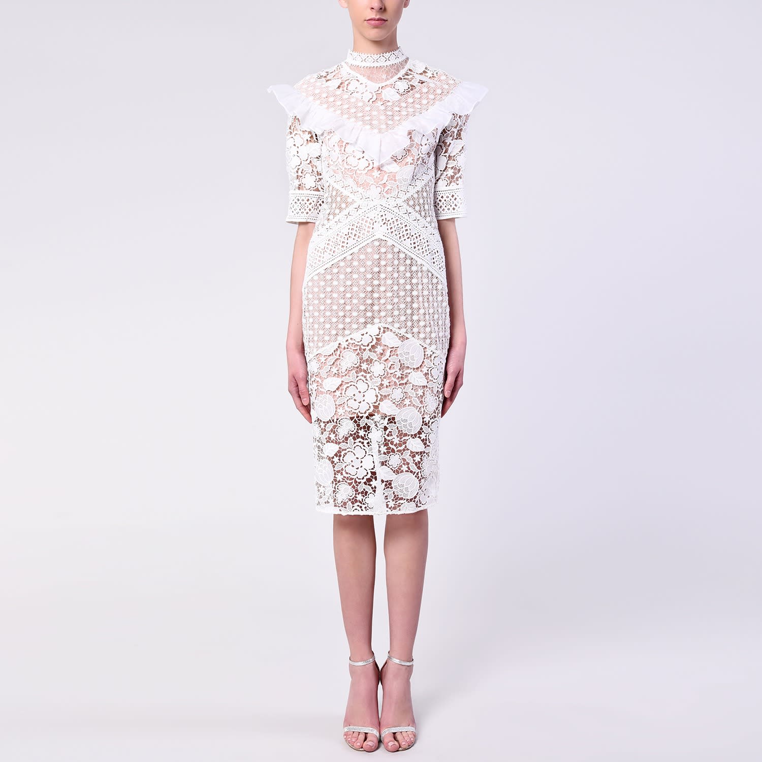white crochet sleeve midi dress