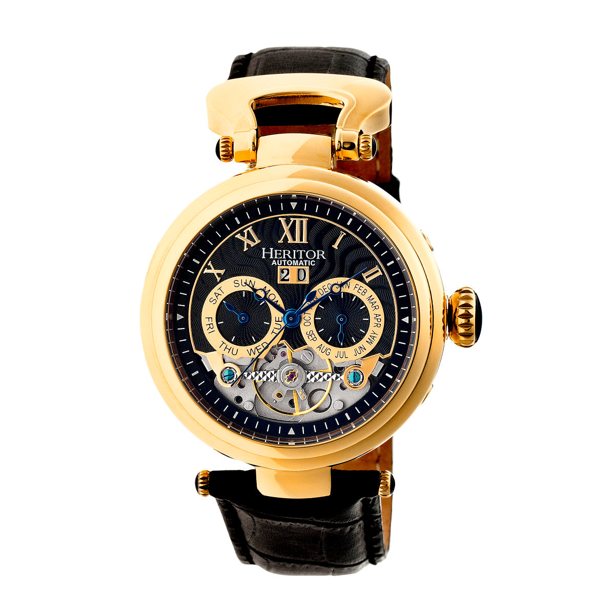 Men’s Gold / Black Ganzi Semi-Skeleton Leather-Band Watch With Day And Date - Black, Gold One Size Heritor Automatic