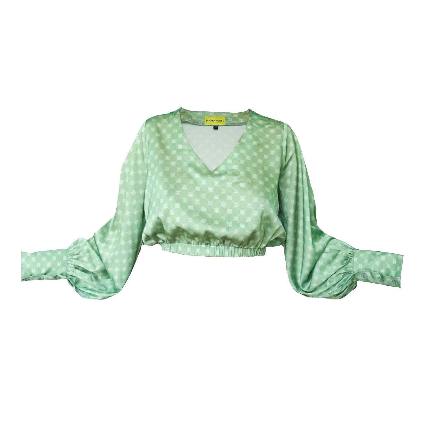 Janara Jones Women's Green Matcha Latte Satin Long Sleeve V-neck Blouse In Green