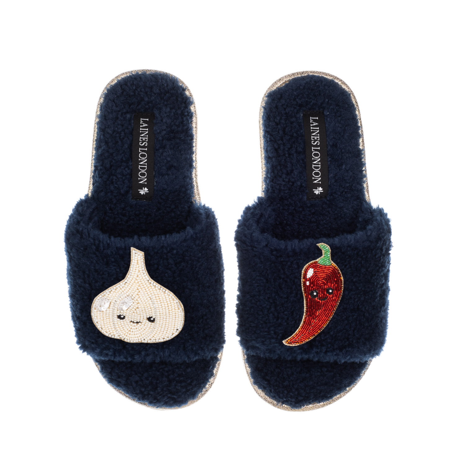 Laines London Women's Blue Teddy Slider Slippers With Laines Loveables Garlic & Chilli Brooches - Navy In Blue