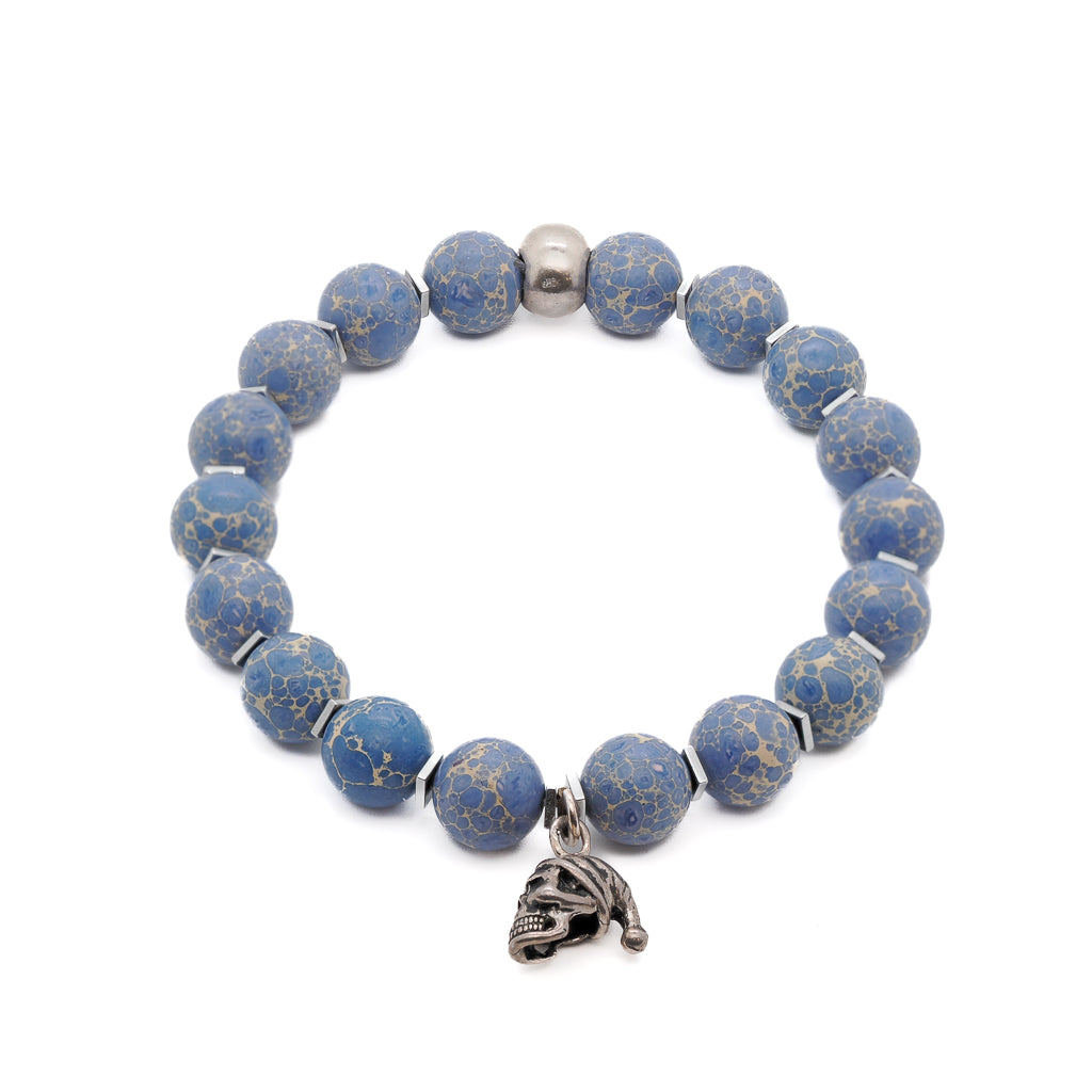 Men’s Blue / Silver Sterling Silver Skull Charm Blue Beaded Bracelet - Blue Ebru Jewelry