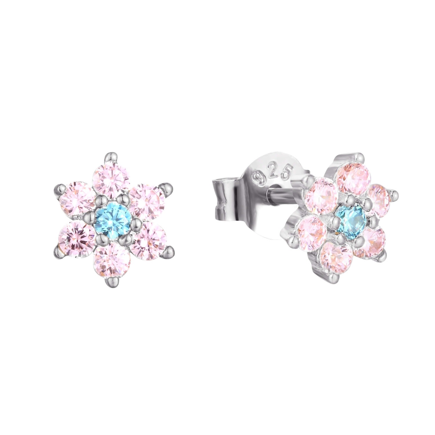 Women’s Ecoated Sterling Silver Tiny Pink & Blue Flower Cz Studs Seol + Gold