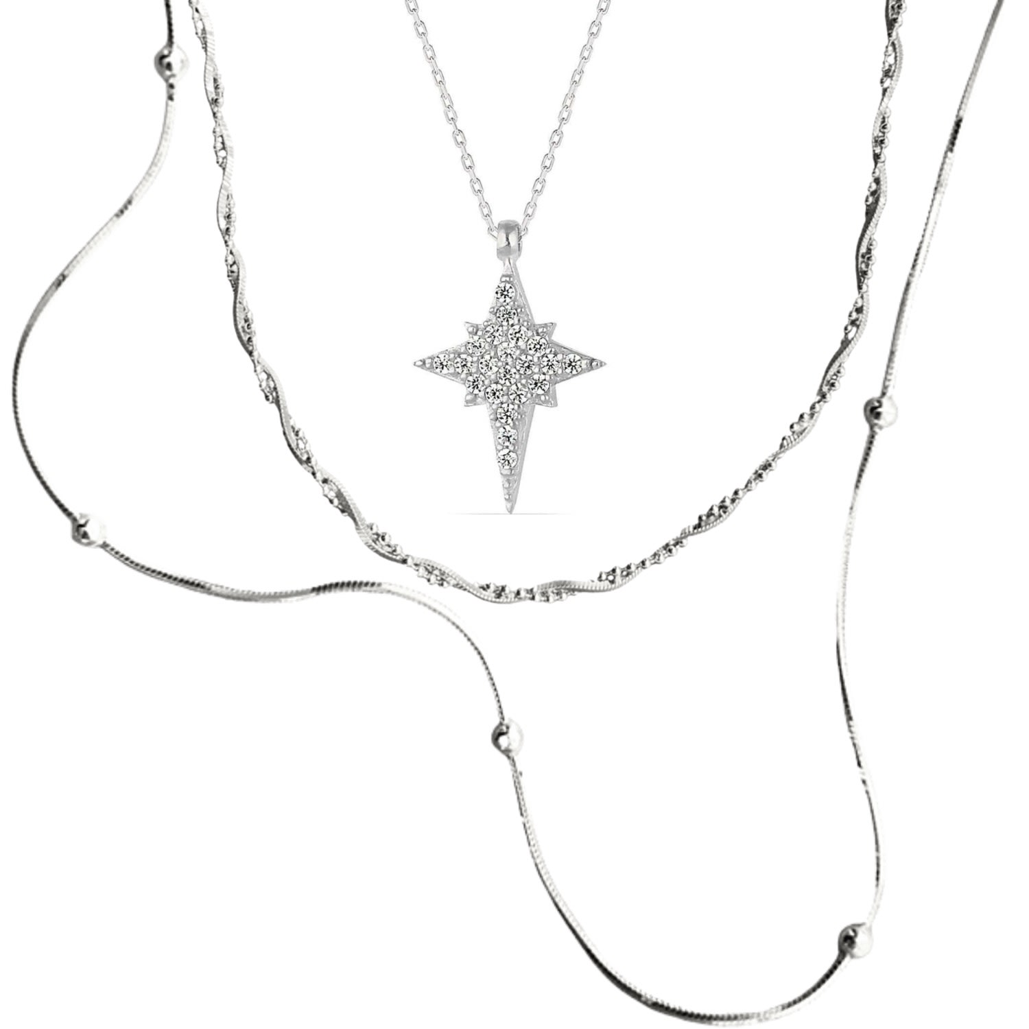 Spero London Women's Necklace Layering Set Beaded Twisted And Northern Starburst Star - Silver In Metallic