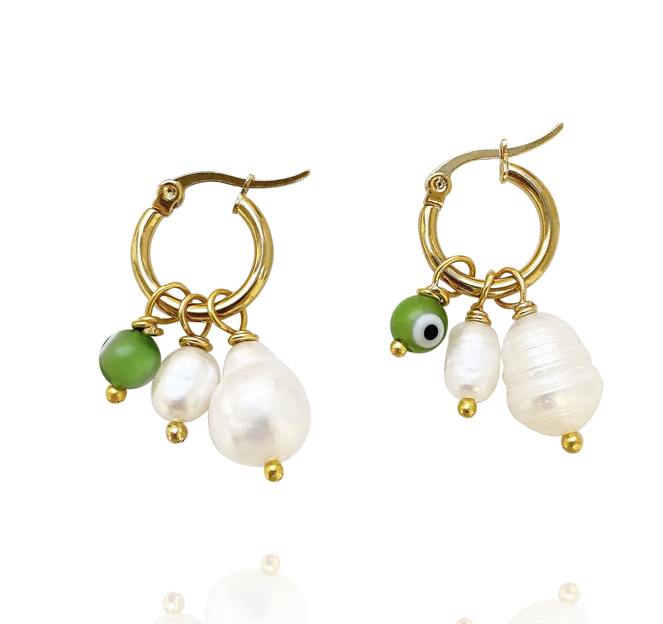 Women’s Gold / Green / White Evil Eye & Pearl Hoop Earrings Tina Smilla Brav