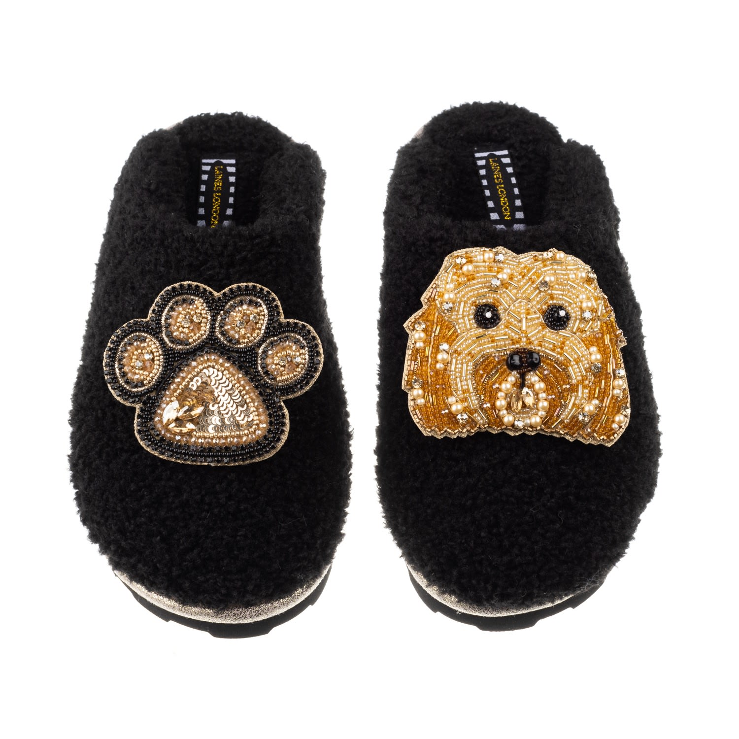 Laines London Women's Teddy Towelling Closed Toe Slippers With Enki Doo & Paw Brooch - Black In Black