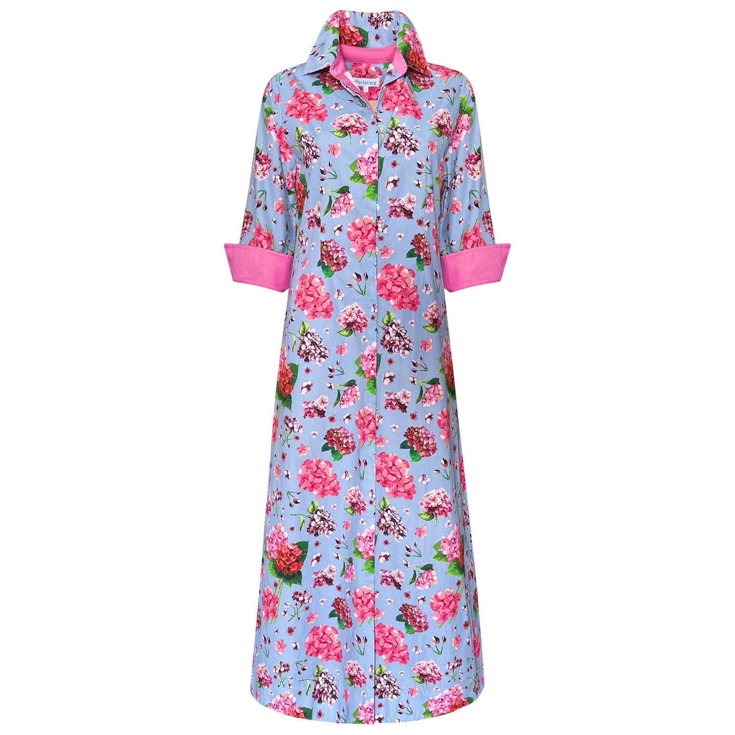 Perlavera Women's Blue / Pink / Purple Cassie Hydrangea Blue Printed Slim Three Quarter Maxi Dress
