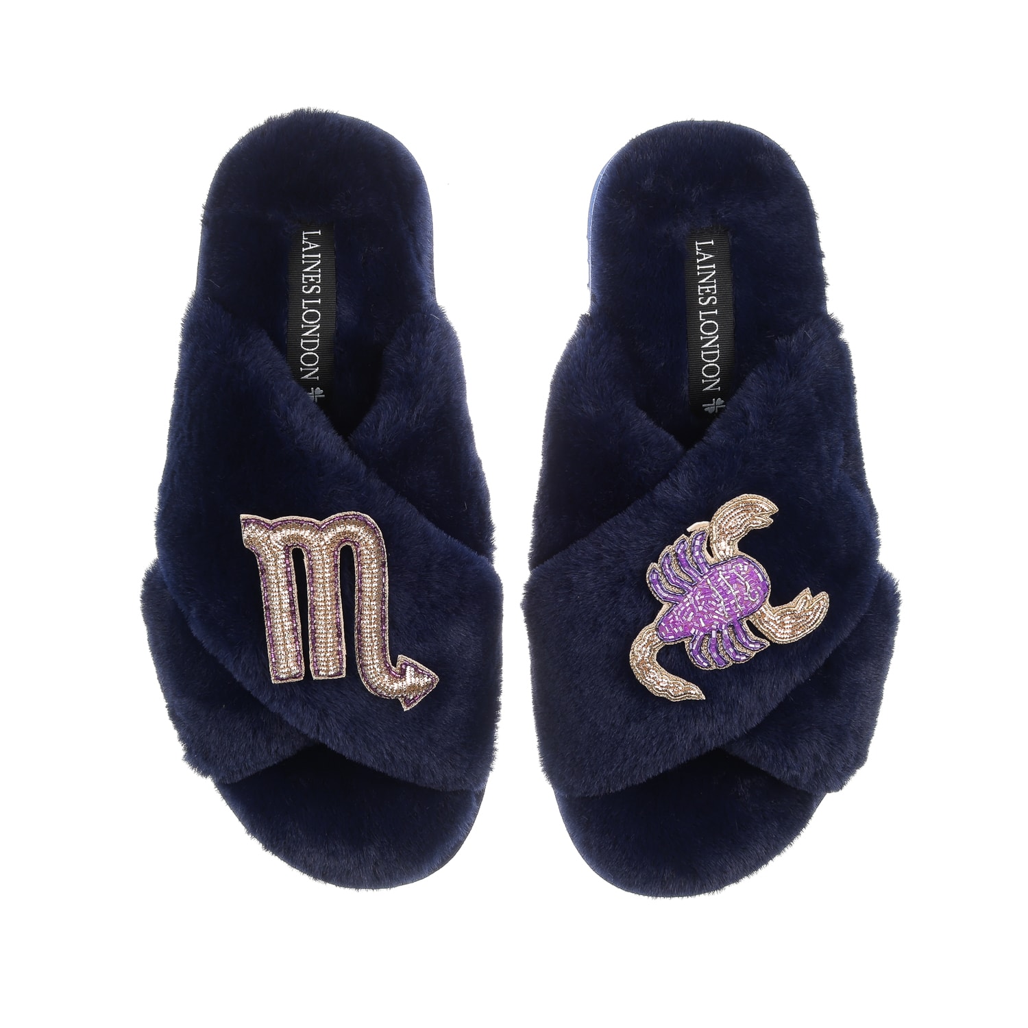 Laines London Women's Blue Classic Laines Slippers With Scorpio Zodiac Brooches - Navy In Blue