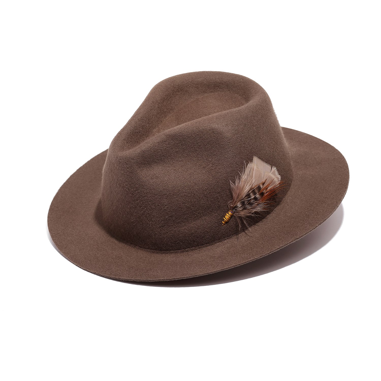 Justine Hats Men's Brown Fedora Hat With Exquisite Feather And Hand Embroidery