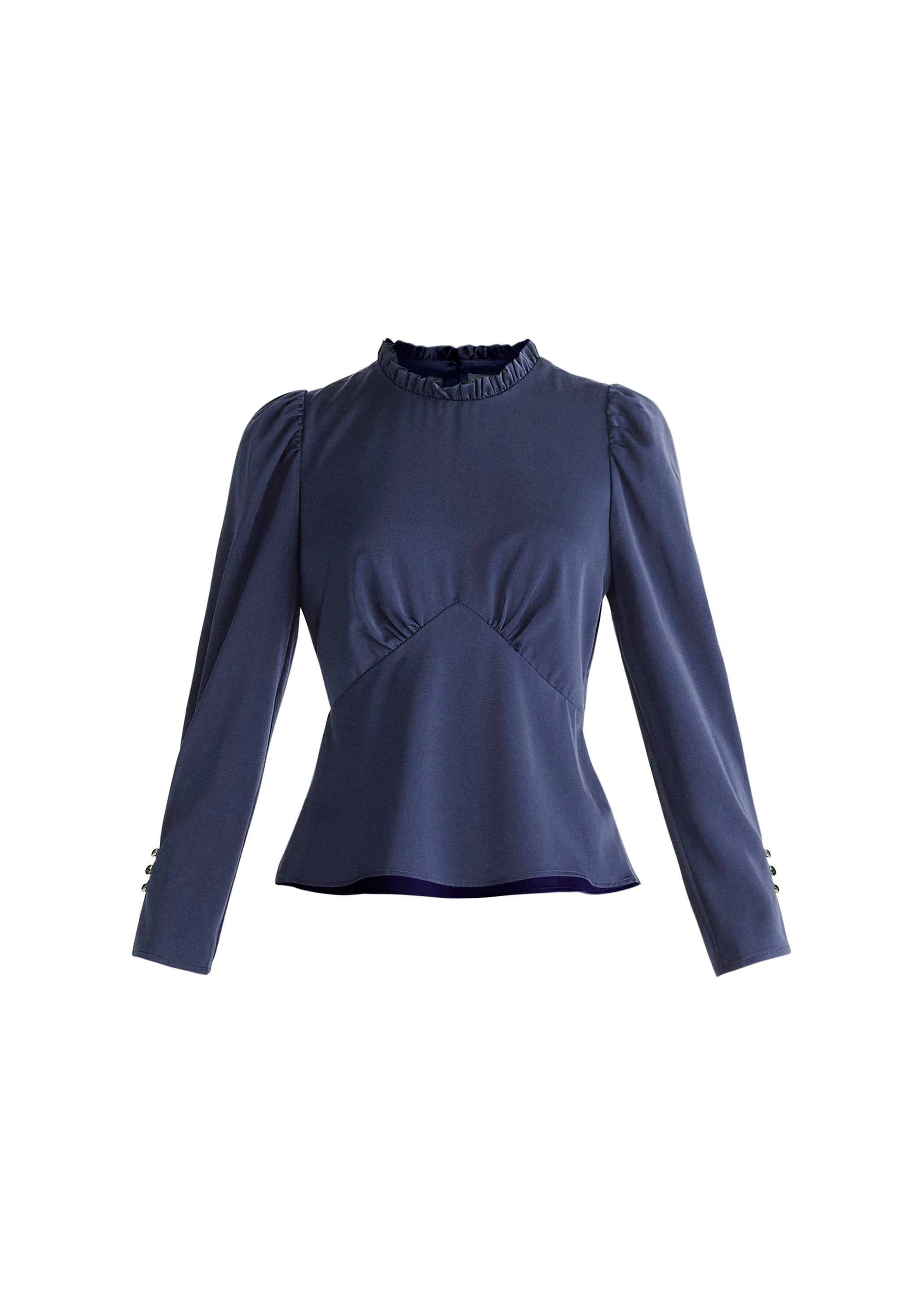 Women’s Blue Pleated Collar Satin Blouse In Navy Large Paisie