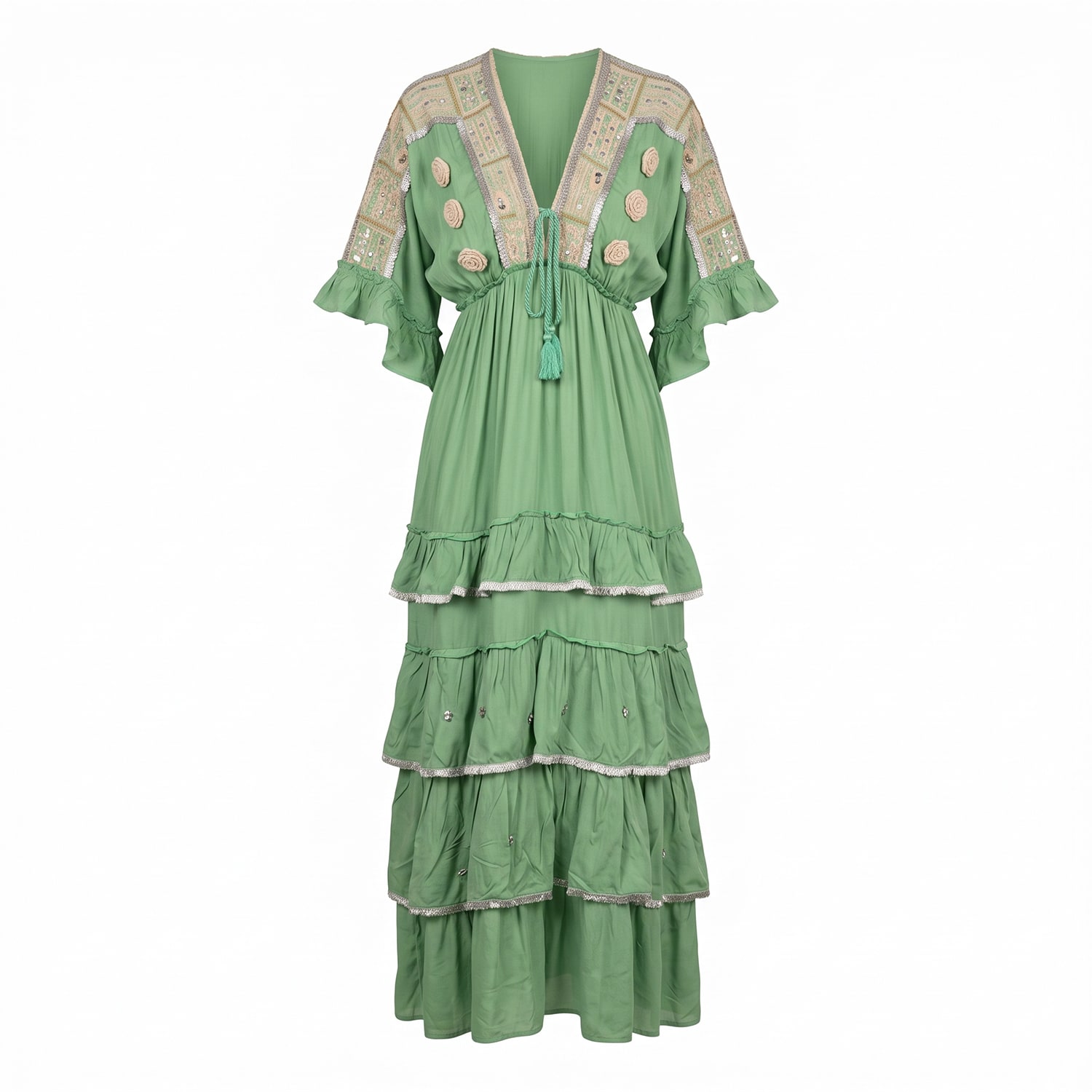 Tantra Spain Sl Women's Maxi Dress With Crochet Embroidery And Mirror Details, Ruffles, Three-quarter Sleeves  Green
