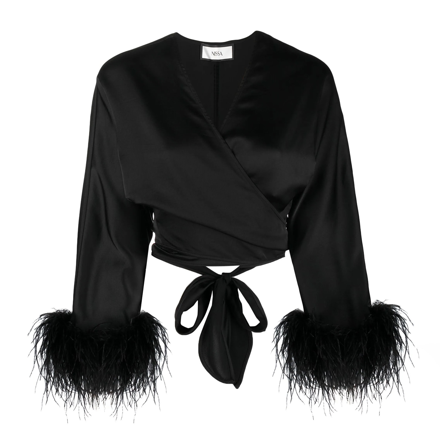 Shop Nissa Women's Black Feather-trim Satin Top
