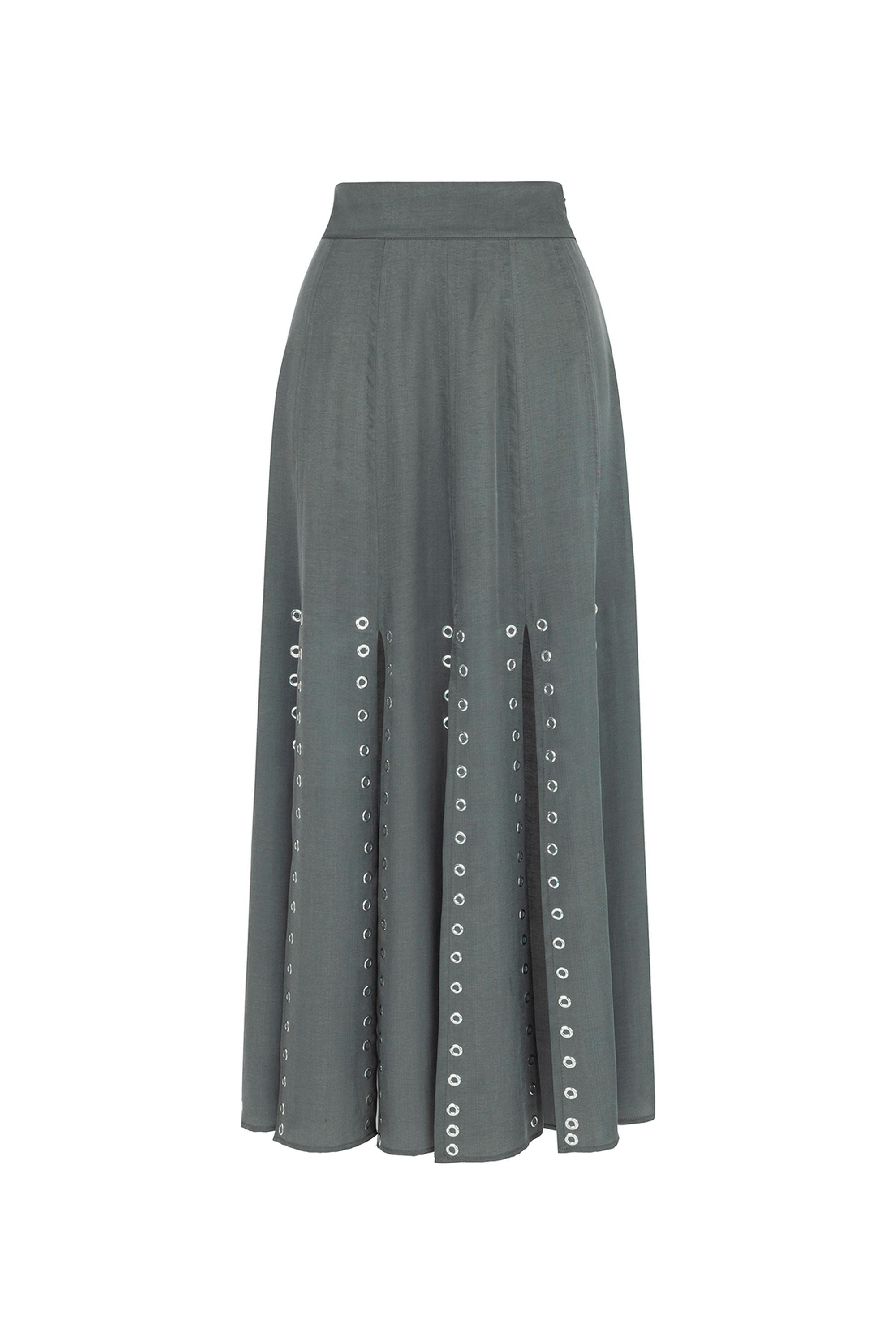 Nocturne Women's Grey Long Eyelet Skirt With Slits In Green