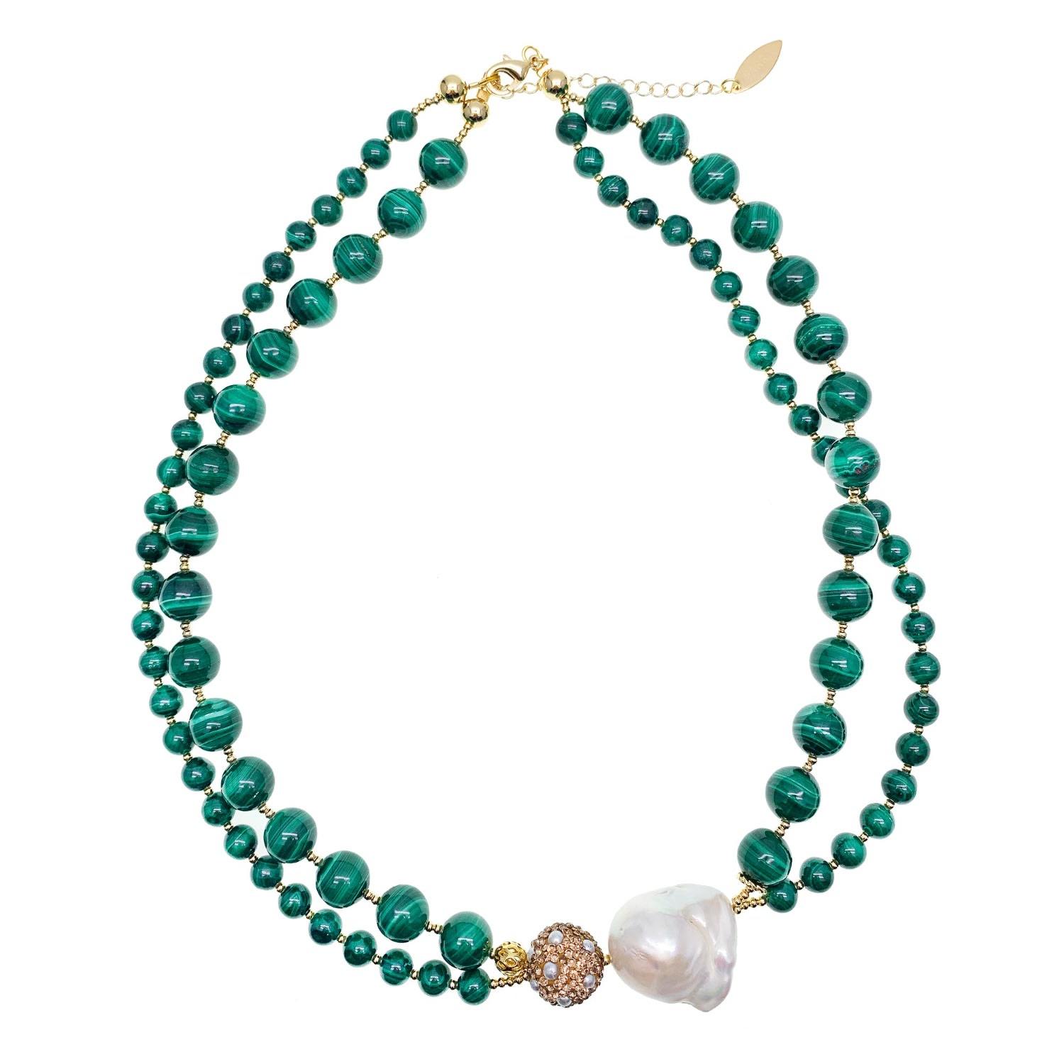 Farra Women's Baroque Pearl With Round Malachite Double Strands Necklace