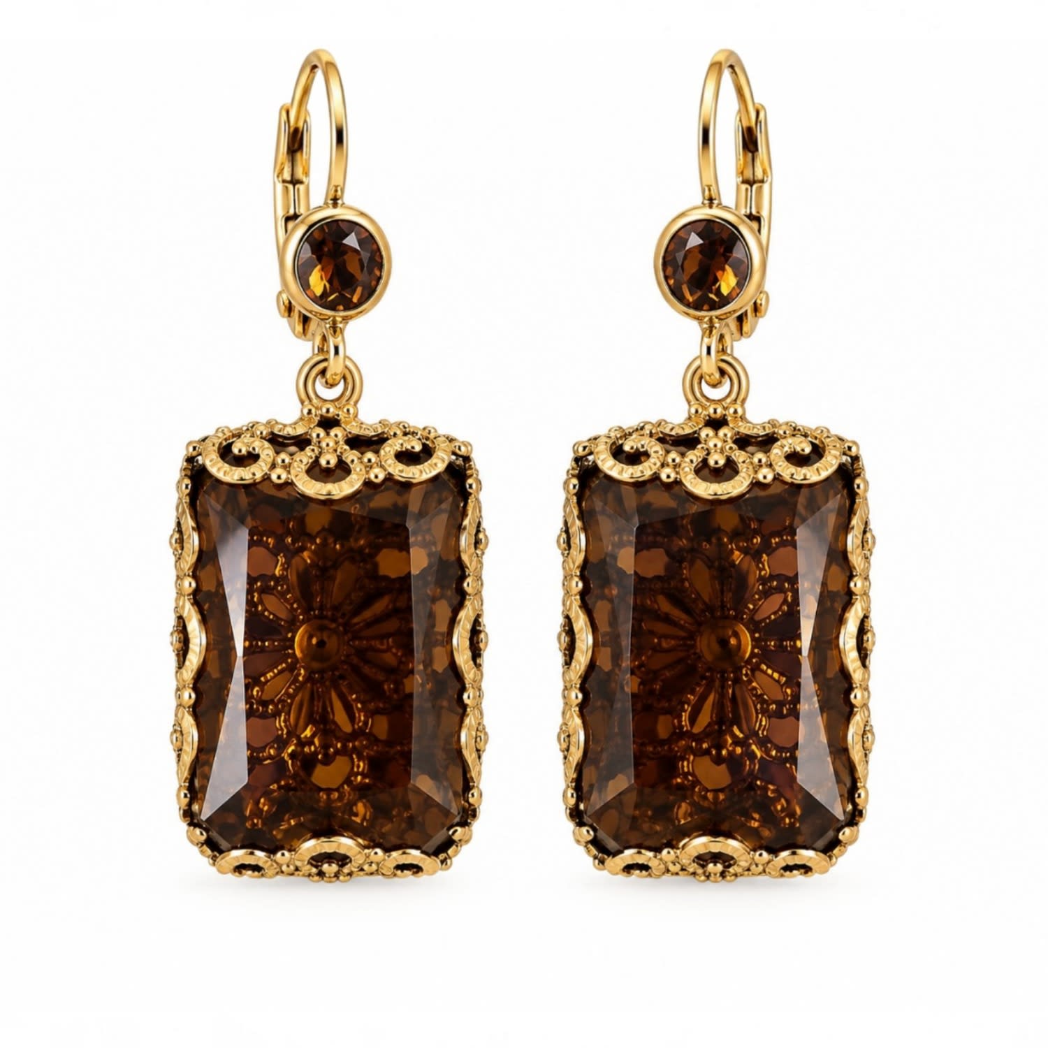 Vstyle Women's Brown Smoky Cognac Crystal Filigree Drop Earrings