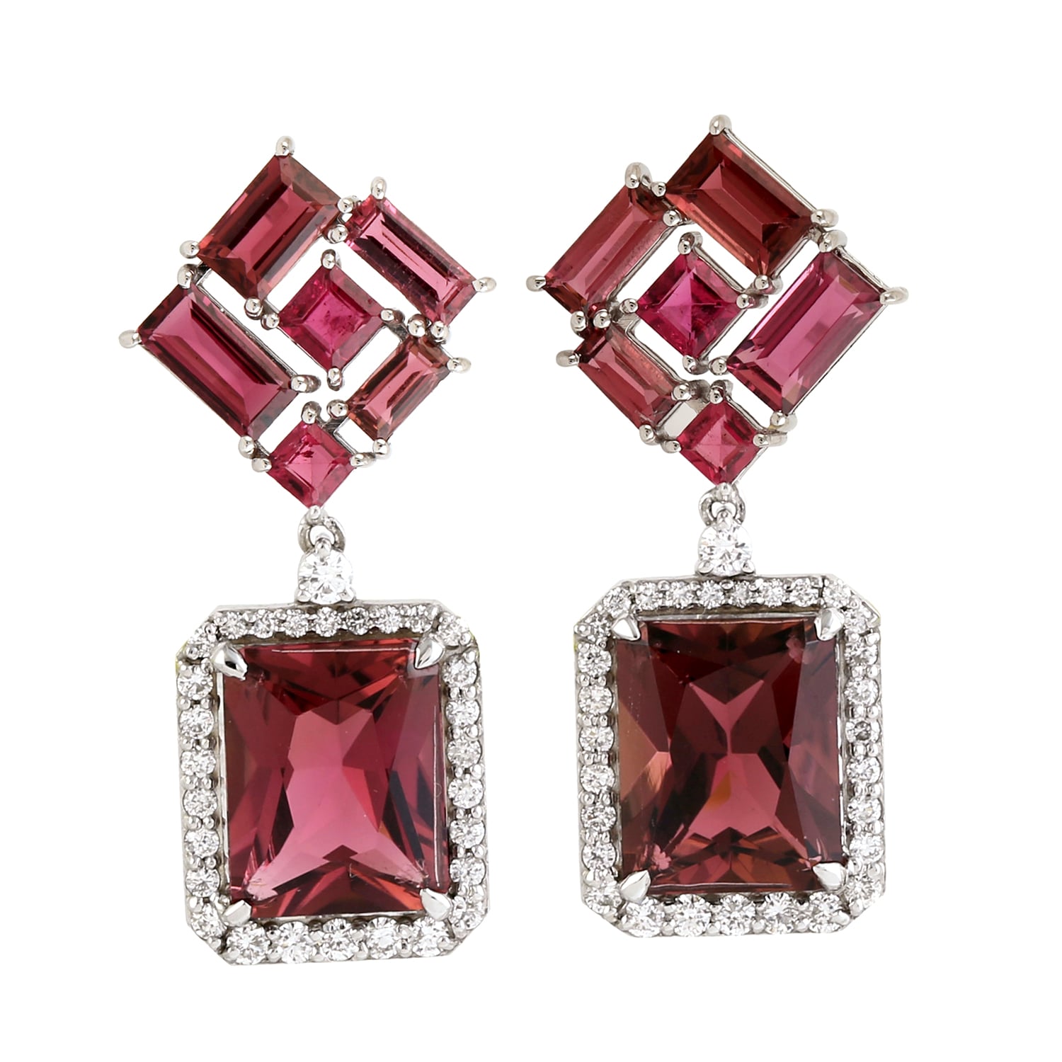 Artisan Women's White / Pink Pink Tourmaline Drop Earrings With Pave Diamonds In White Gold In Multi
