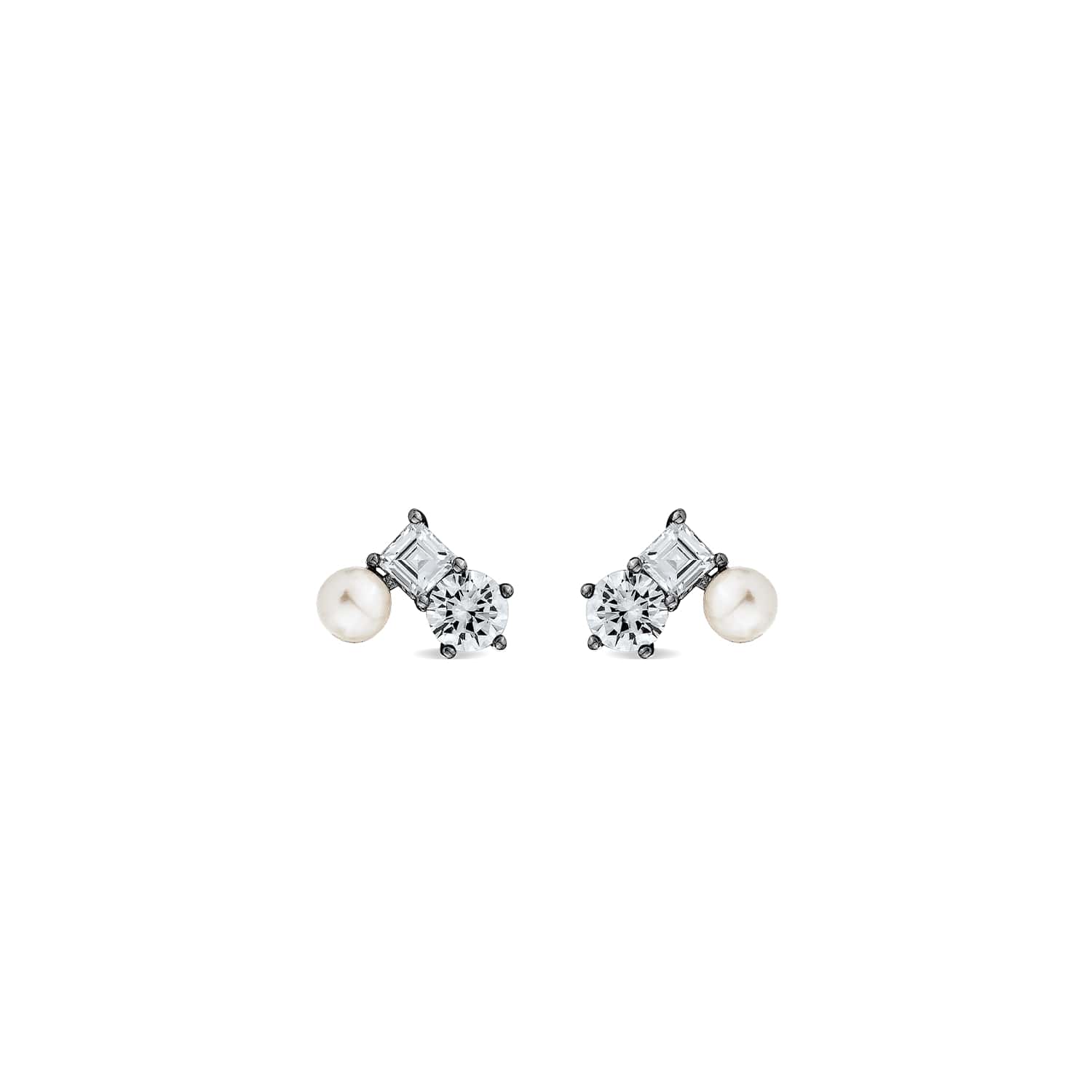 Sally Skoufis Women's Black / White Eclipse Stud Earrings With Natural White Pearls & Man Made Cz Diamond Stimulan In Multi