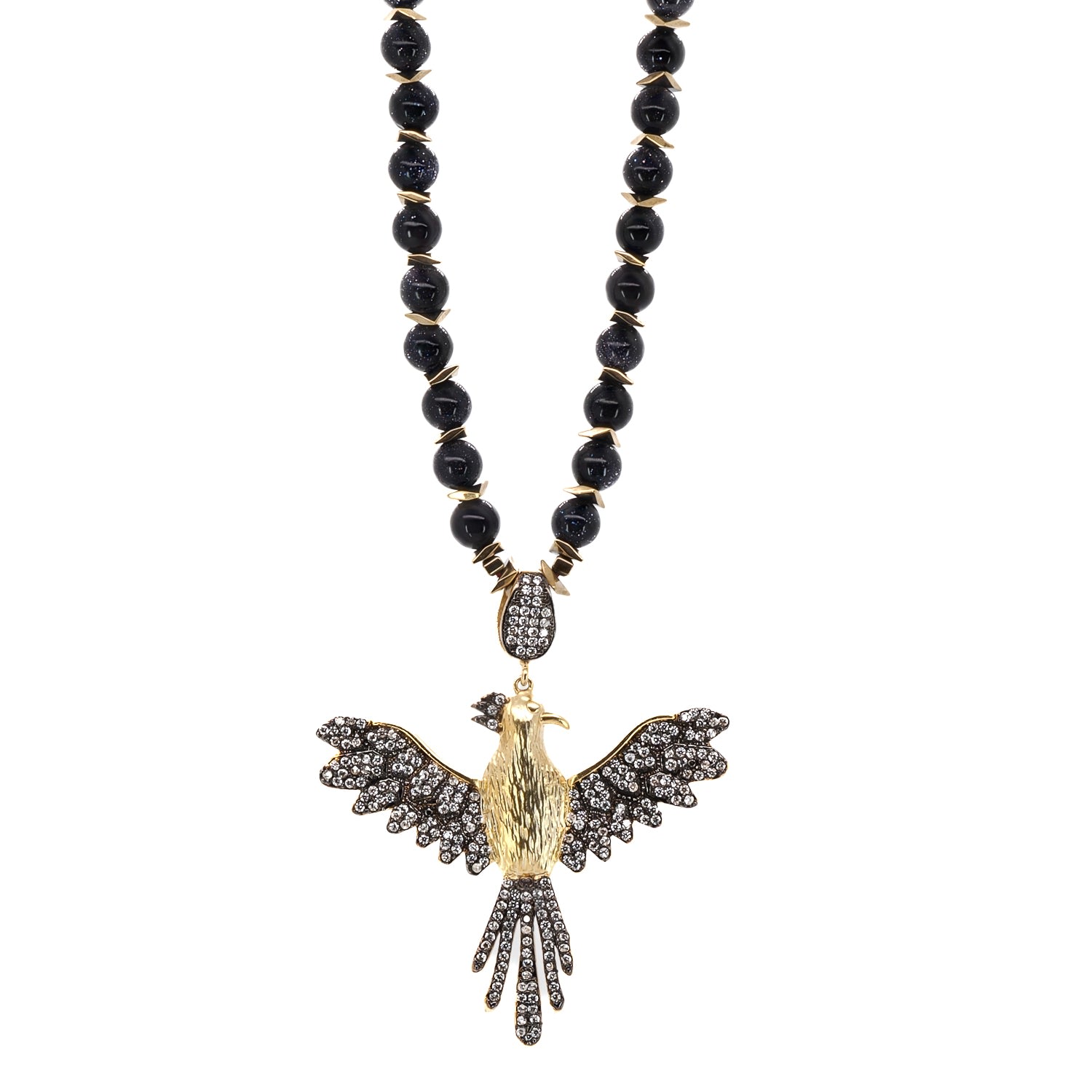 Women’s Black / Silver / Gold Black Star Stone Beaded Magical Phoenix Bird Pendant Necklace - Black Ebru Jewelry