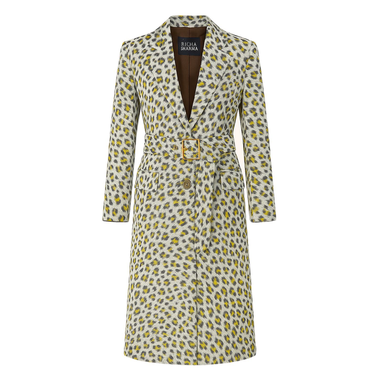 Richa Sharma Women's White / Brown / Yellow Luxury Leopard Print Belted Overcoat With Golden Buckle In Multi