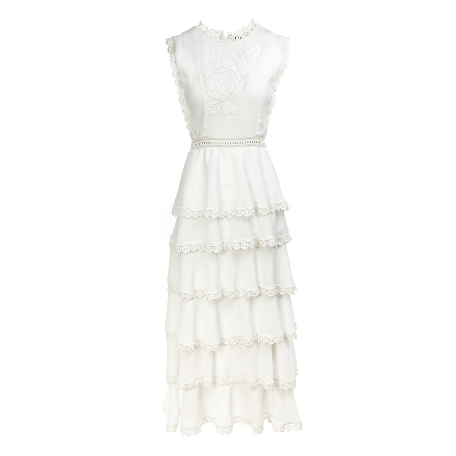 Women’s Long White Dress With Ruffles And Lace Appliqué Large Izabela Mandoiu