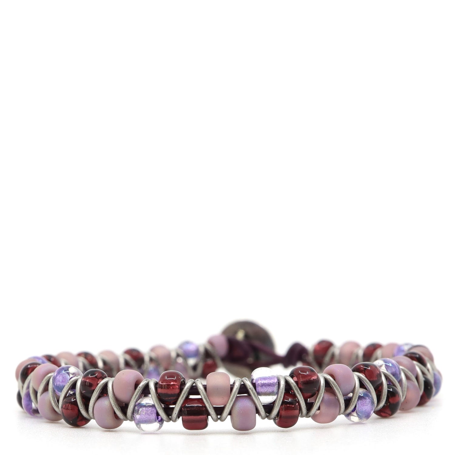 Men’s Pink / Purple Purple Czech Beads & Purple Leather Beaded Bracelet Shar Oke