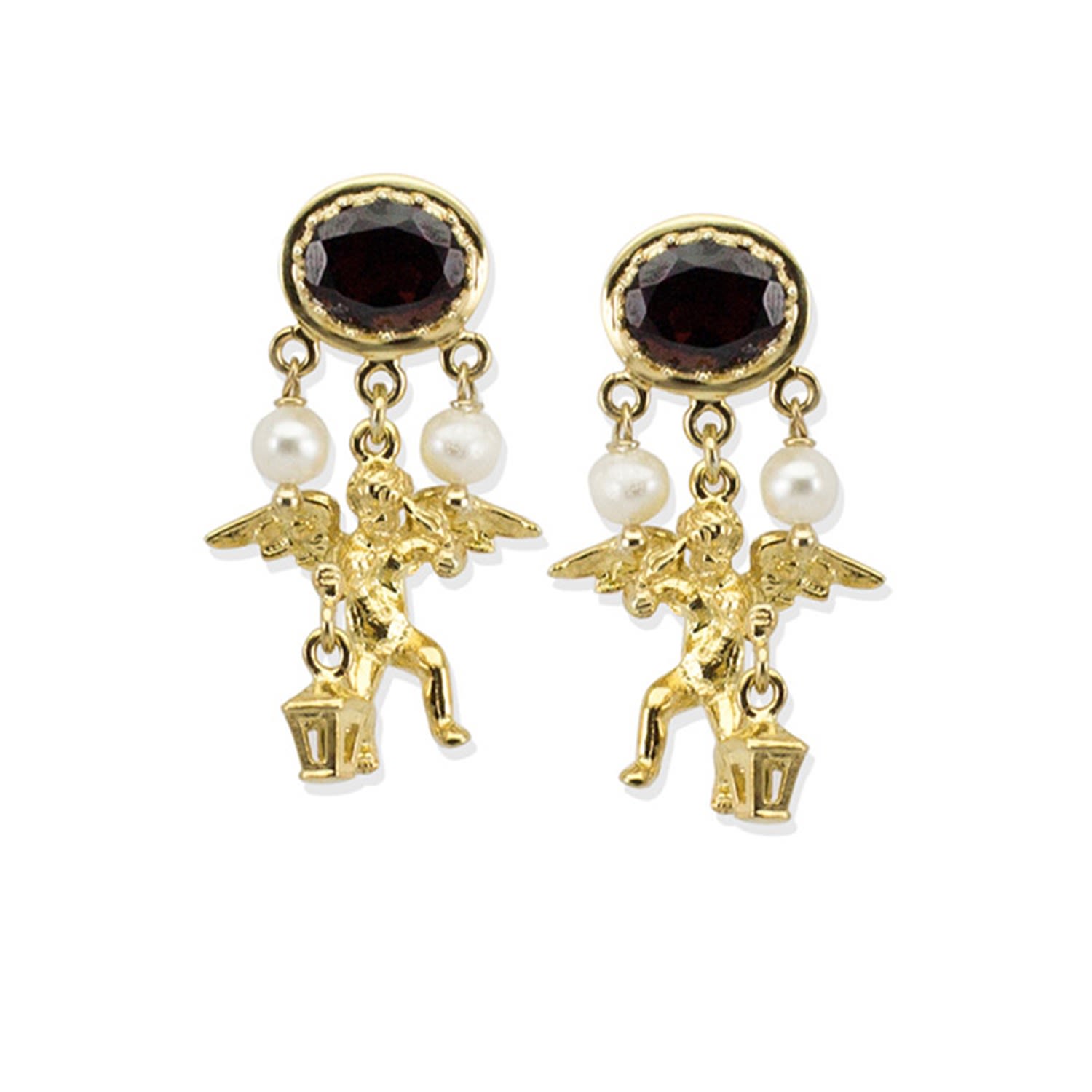 Women’s Gold Cherubini Garnet & Pearls Earrings Vintouch Italy