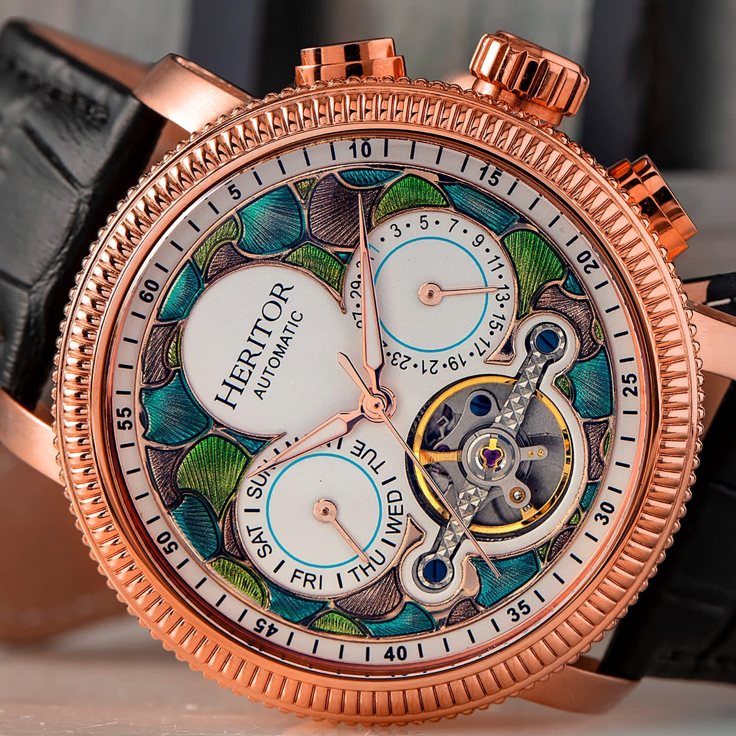 Aura Semi Skeleton Leather Band Watch with Day and Date Rose Gold White Heritor Automatic Wolf Badger