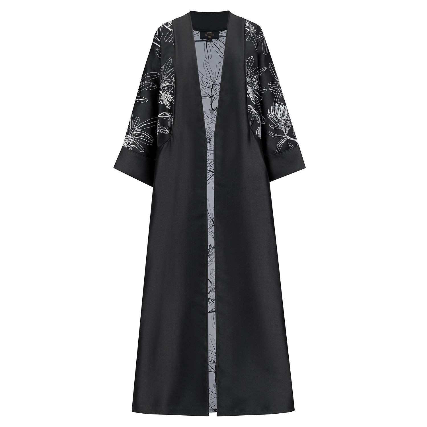 Women’s Mikado Abaya With Rolled-Up Sleeves And Jacquard Printed Fine Line Pocket- Black Medium Azzalia