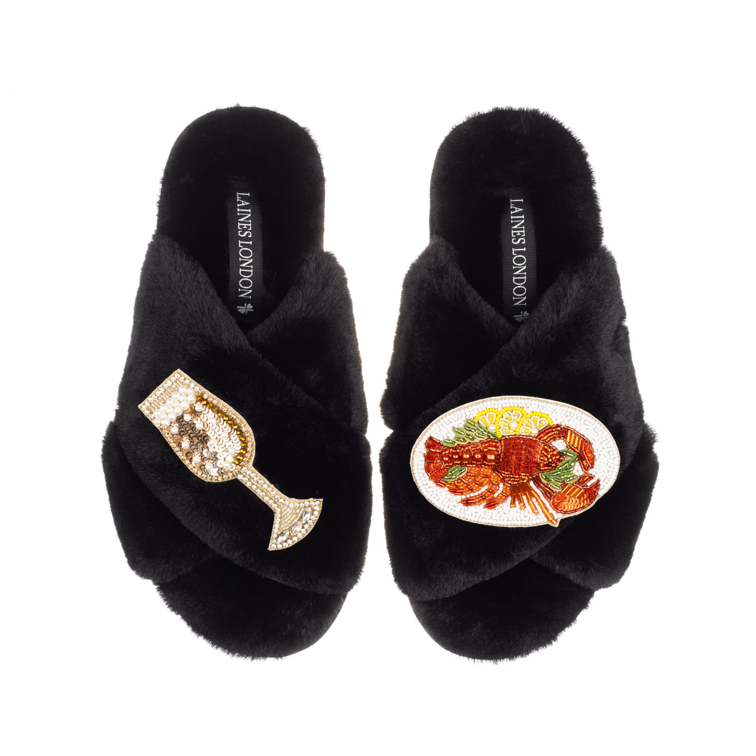 Laines London Women's Classic Laines Slippers With Lobster Platter & Glass Of Fizz Brooches - Black In Black