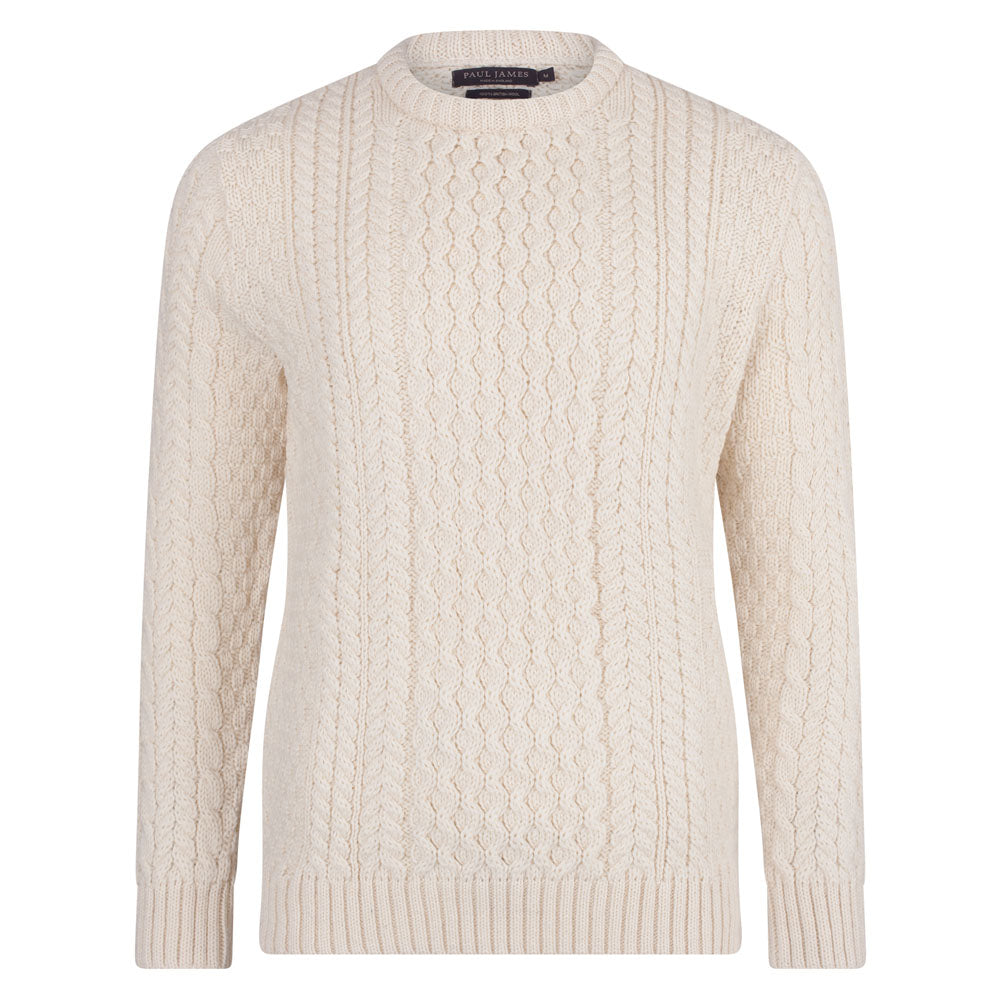 Paul James Knitwear White Mens Fisherman's Johnson British Wool Cable Jumper - Aran In White