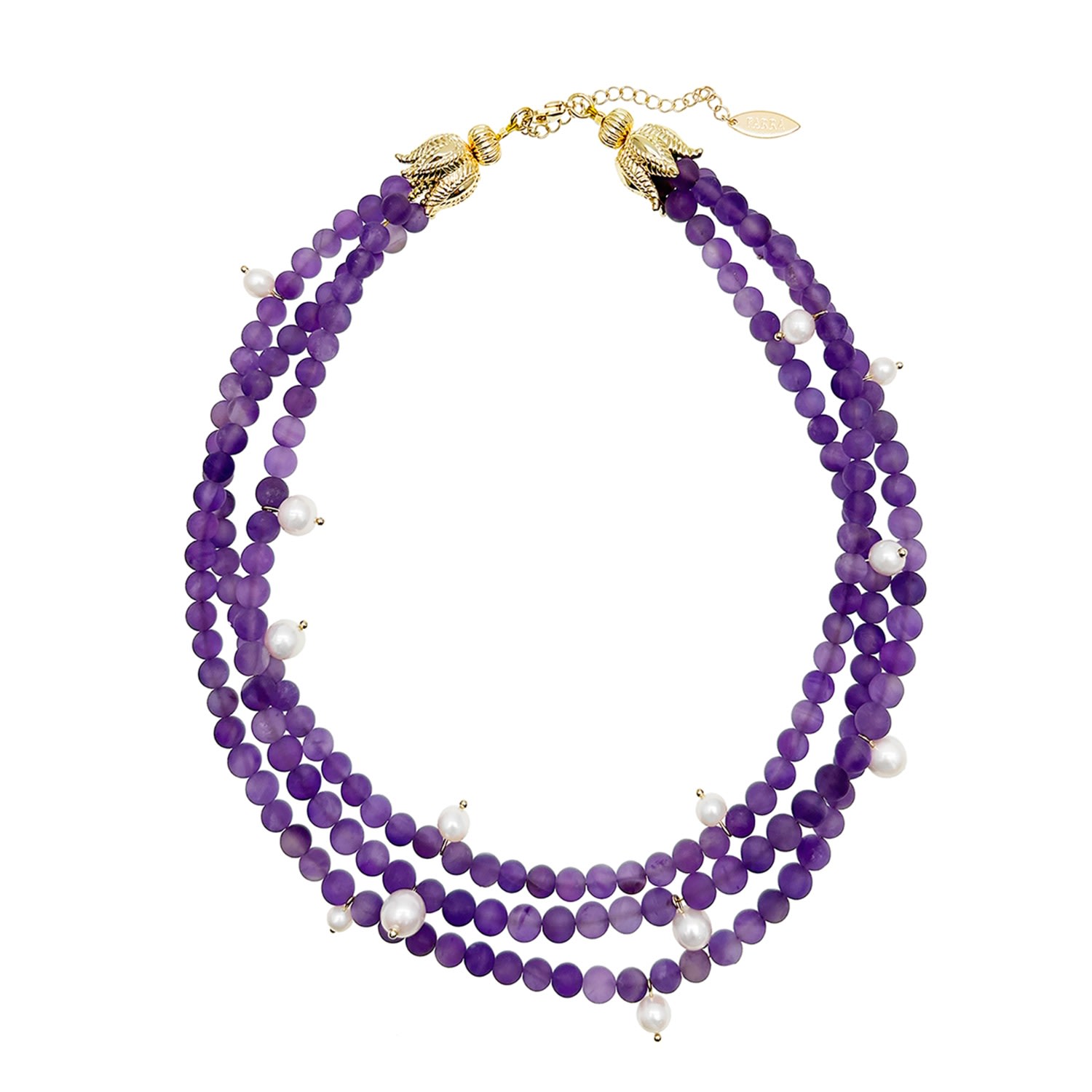 Farra Women's Pink / Purple Trible Strands Matte Amethyst With Pearls Necklace