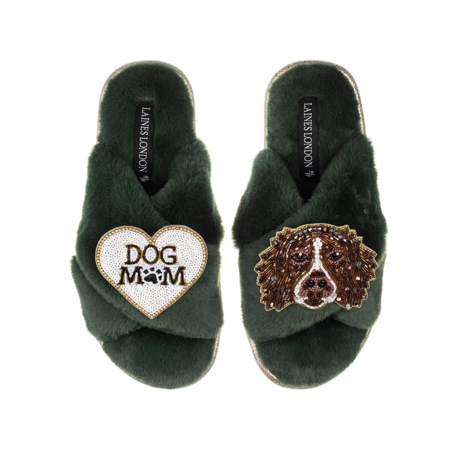 Laines London Women's Classic Laines Slippers With Duke The Spaniel & Dog Mum / Mom - Limited Edition Green In Green