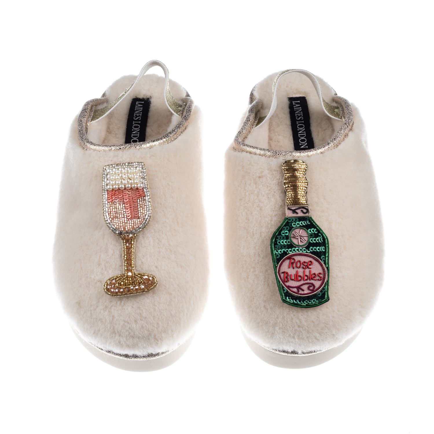 Laines London Women's Gold / Neutrals / White Flatform Cloud Slippers With Pink Champagne & Glass Brooches - Cream In Brown