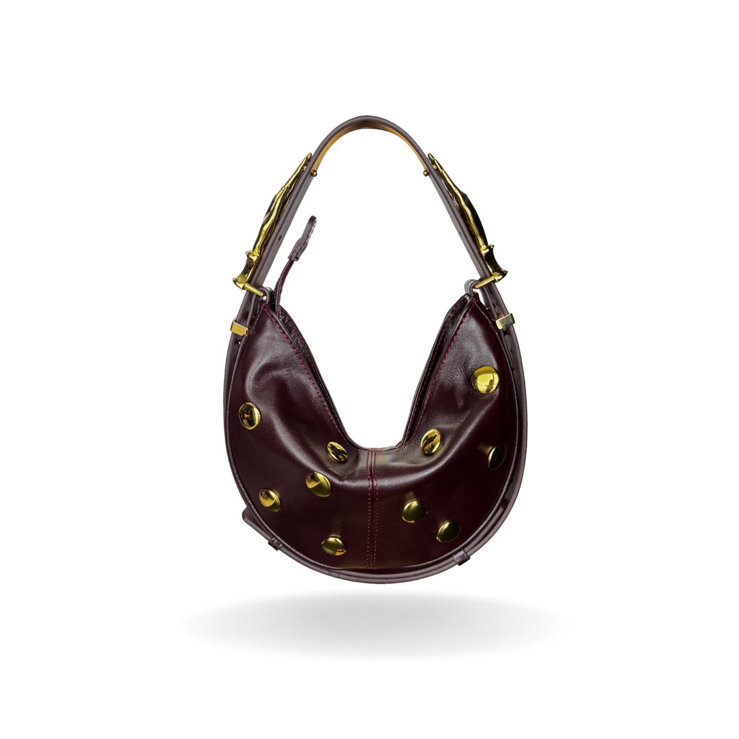 Indigolush Women's Red Hobo Adjustable Hand Shaped Leather Bag Mini Studded Black Cherry Two Hands Smooth In Red