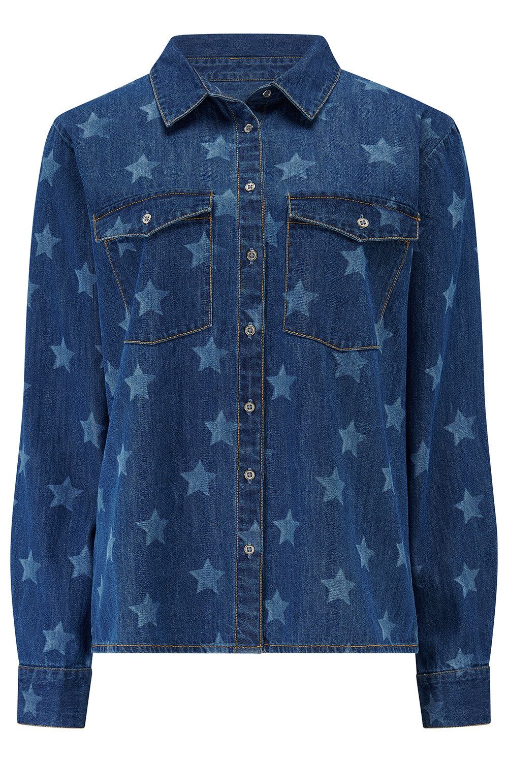 Sugarhill Brighton Women's Alexia Shirt Mid Blue Denim, Bleached Stars In Blue