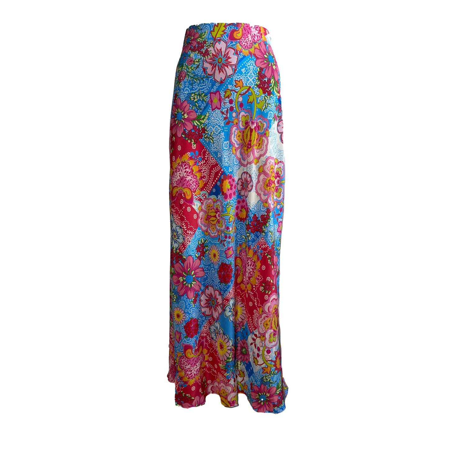 Introvertie Vienna Women's Blue / White Oia Bias Cut Silk Maxi Skirt - Pink Petal Patchwork In Blue/white