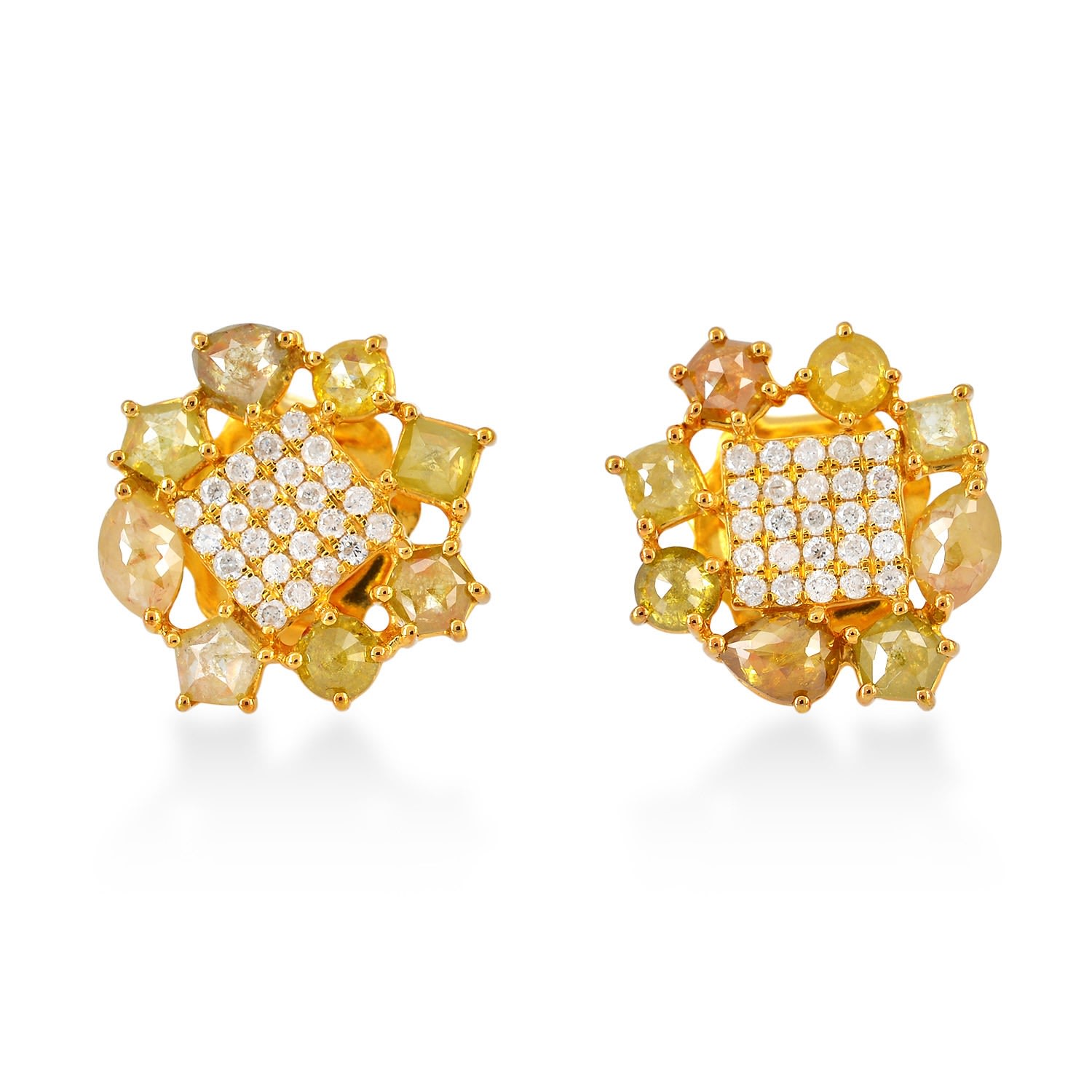 Artisan Women's Gold / White / Brown Luxury Ice Diamond Stud Earrings In Yellow Gold In Gold