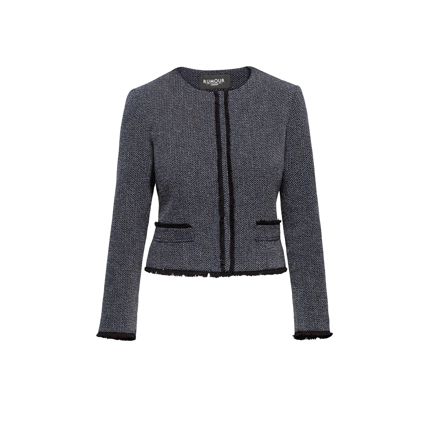 Women's Blue Eleanor Navy & Cream Tweed Jacket With Fringing Detail | Medium | Rumour London